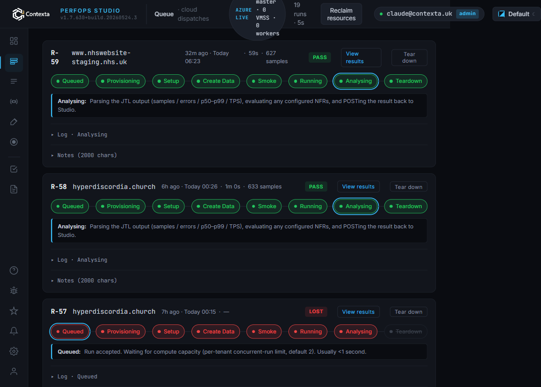 Queue page with 8-pill lifecycle
