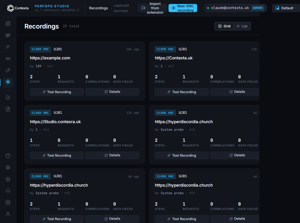Recordings page showing your captured journeys